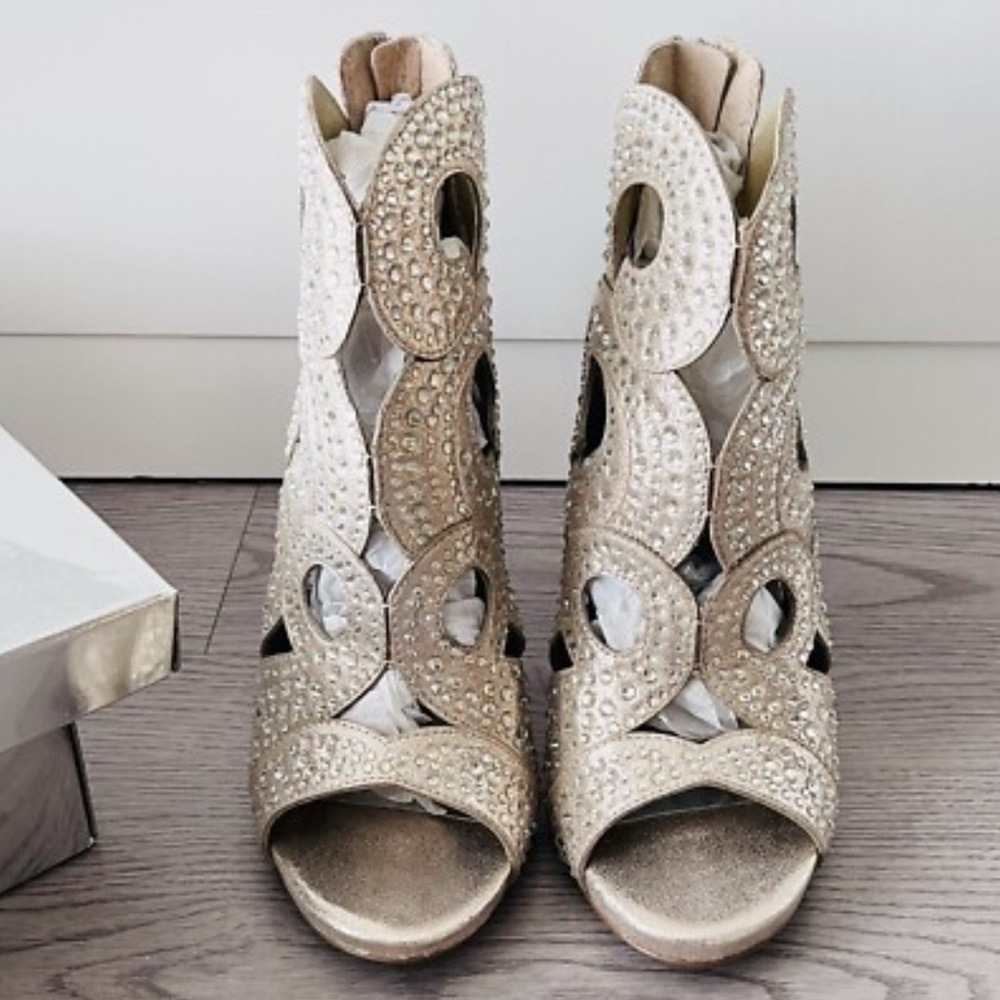 Gianni Bini Merillee Metallic Rhinestone Peep Toe Cut Out Stiletto Heel Booties